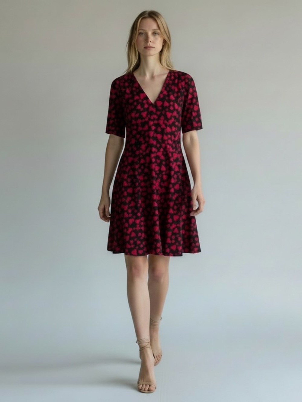 TARA JARMON Navy Blue Dress Pink Hearts Dot Short Sleeve Mini Dress 44 10 12 L
